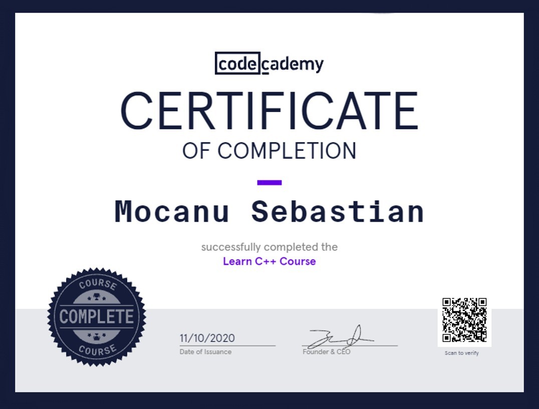 Learn C++ Course Certificate
