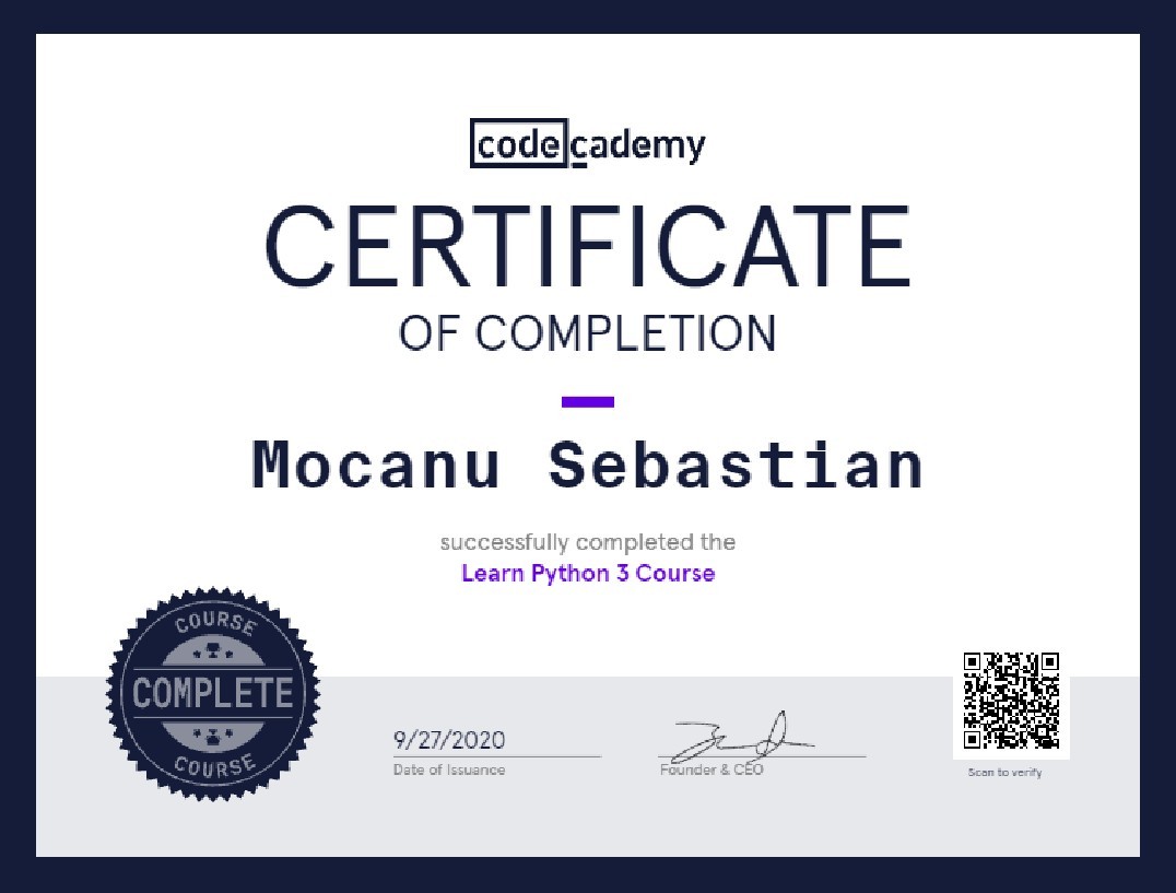 Learn Python 3 Course Certificate